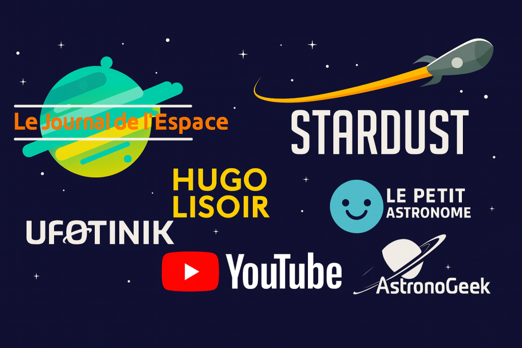 Illustration regroupant les logos des principales chaînes YouTube francophones consacrées à l’espace, dont Le Journal de l’Espace, Stardust, Hugo Lisoir, UFOTINIK, Le Petit Astronome et AstronoGeek.