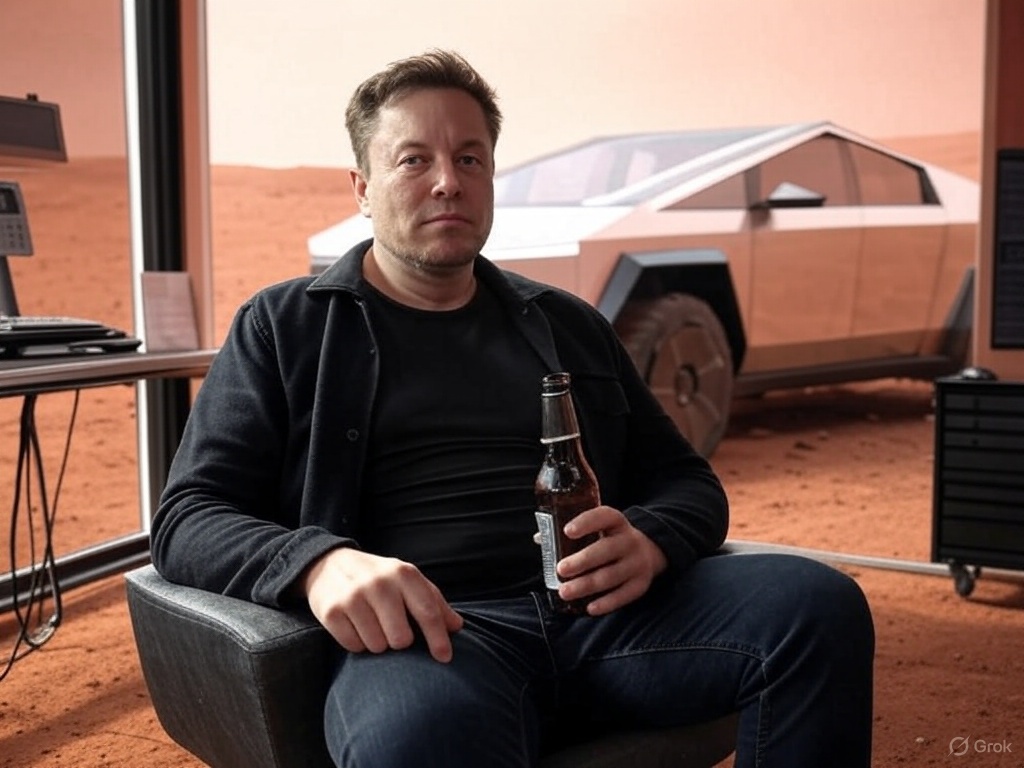 Elon Musk avec une bière sur Mars