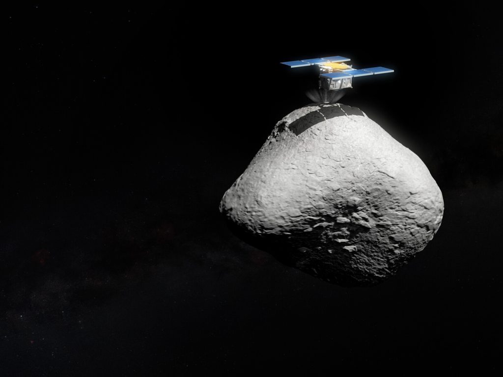 Vue d'artiste représentant Hayabusa2 se posant sur l'astéroïde 1998 KY26