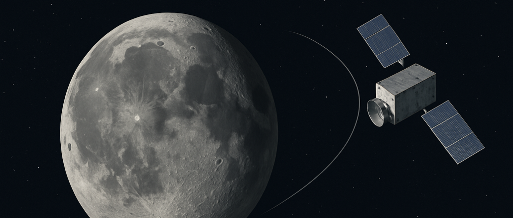 Illustration de la mission Oasis-1 de Blue Origin et du Luxembourg : un satellite cartographie les ressources lunaires depuis l’orbite.