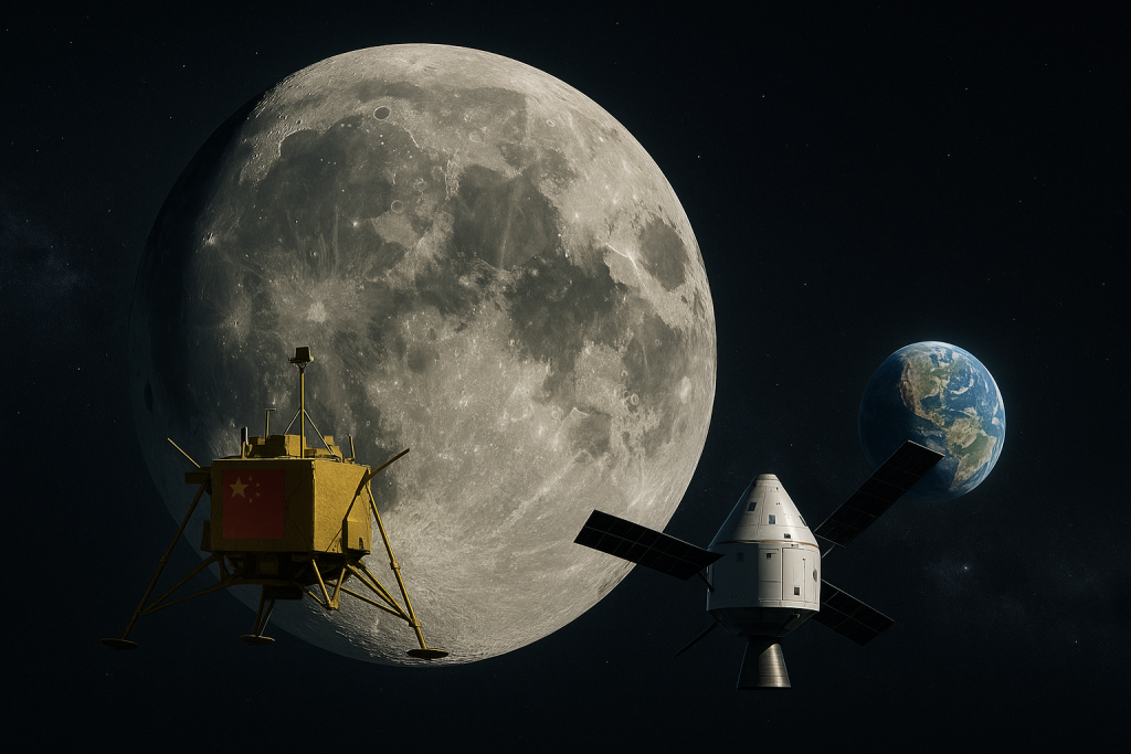 Illustration de la course à la Lune entre le module lunaire chinois et le vaisseau Orion du programme Artemis devant la Lune, avec la Terre à l’arrière-plan