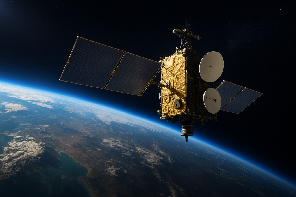 Satellite militaire français en orbite au-dessus de la Terre, illustrant le savoir-faire spatial et la coopération du Pacte Espace.