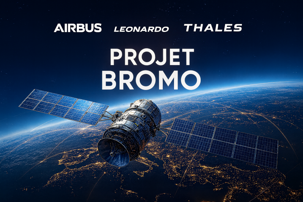 Satellite réaliste en orbite au-dessus de l’Europe, avec les logos d’Airbus, Leonardo et Thales, illustrant la coopération stratégique du projet BROMO.