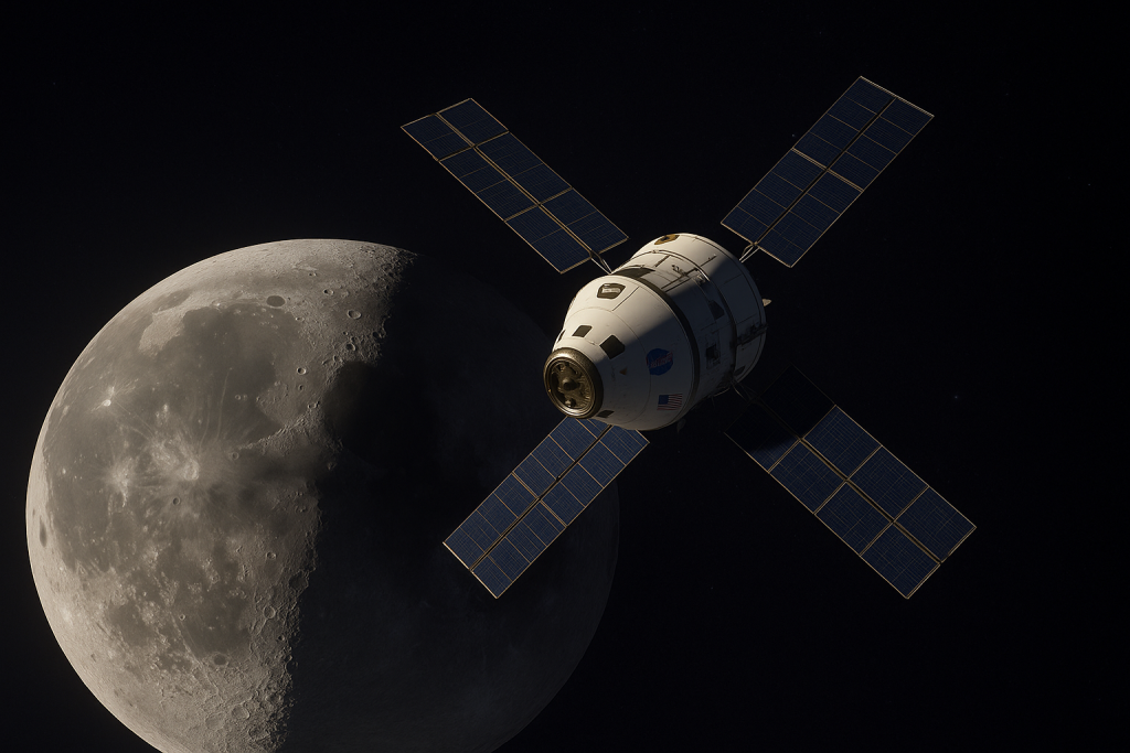 Le vaisseau Orion de la NASA en orbite autour de la Lune, avec ses panneaux solaires déployés et la surface lunaire en arrière-plan.