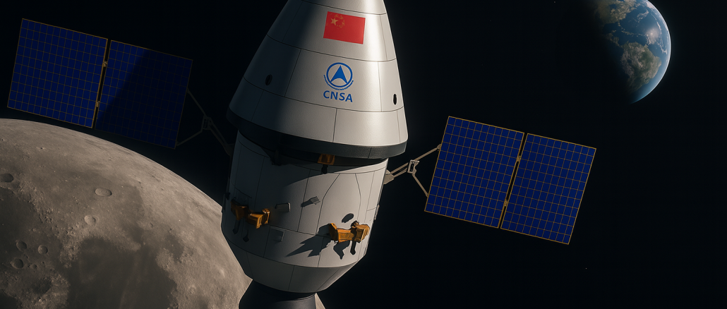 Illustration réaliste de la capsule chinoise Mengzhou en orbite lunaire, avec la Terre en arrière-plan.