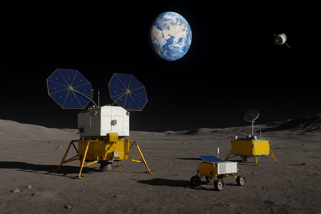 Illustration montrant des engins chinois Chang’e 7 et 8 en exploration sur la surface de la Lune, avec la Terre visible à l’horizon.