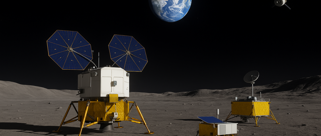 Illustration montrant des engins chinois Chang’e 7 et 8 en exploration sur la surface de la Lune, avec la Terre visible à l’horizon.