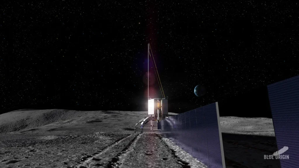 Illustration officielle de Blue Origin montrant le système Blue Alchemist installé sur la surface lunaire, entouré de panneaux solaires.