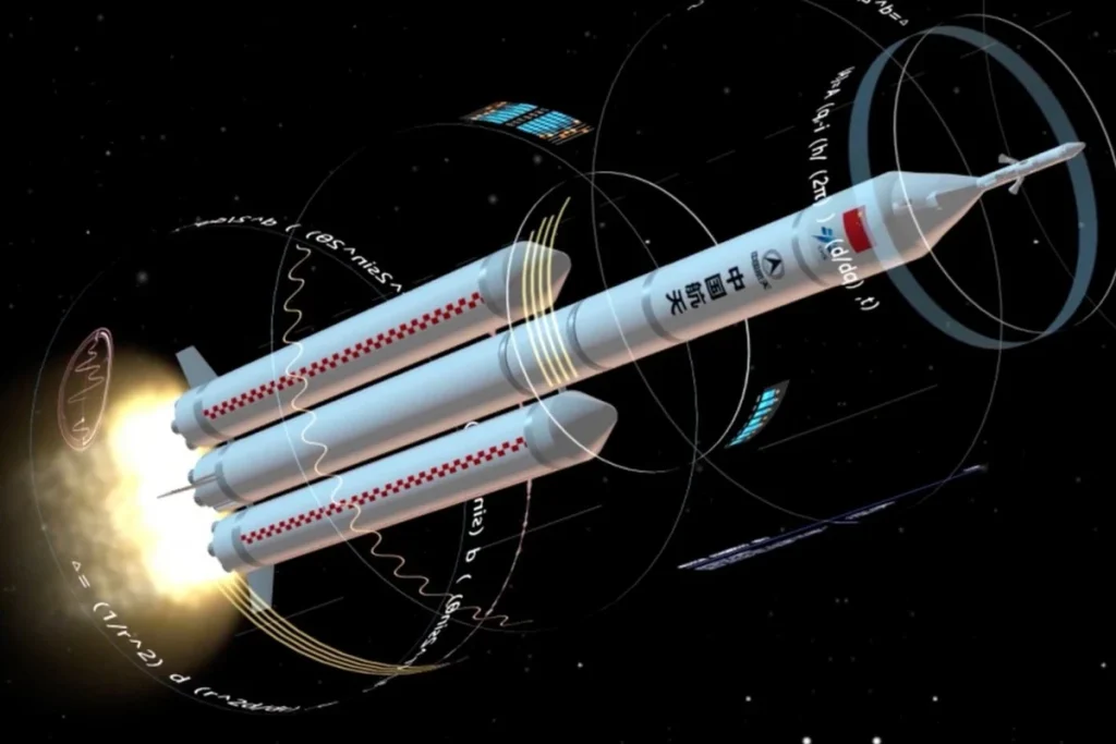 Illustration du lanceur chinois Long March 10 en vol dans l’espace, développé par la China Aerospace Science and Technology Corporation (CASC) pour les futures missions lunaires habitées.