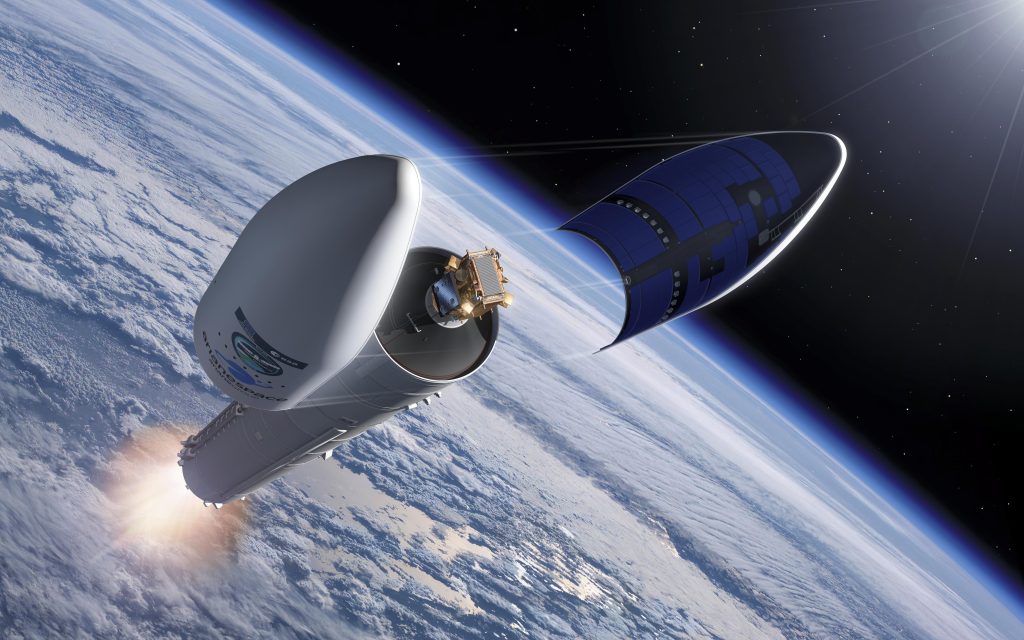 Illustration du déploiement du satellite européen Sentinel-1D depuis la coiffe du lanceur Ariane 6, au-dessus de la Terre.