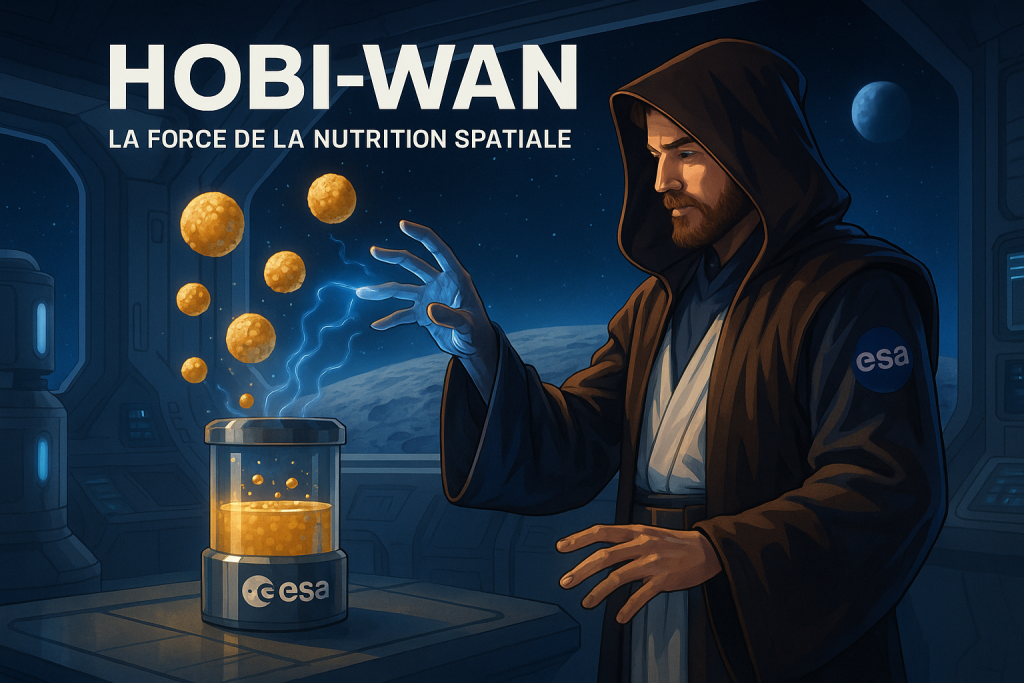 Illustration inspirée de la science-fiction représentant un chercheur de l’ESA manipulant par énergie lumineuse une expérience de production alimentaire spatiale intitulée HOBI-WAN.