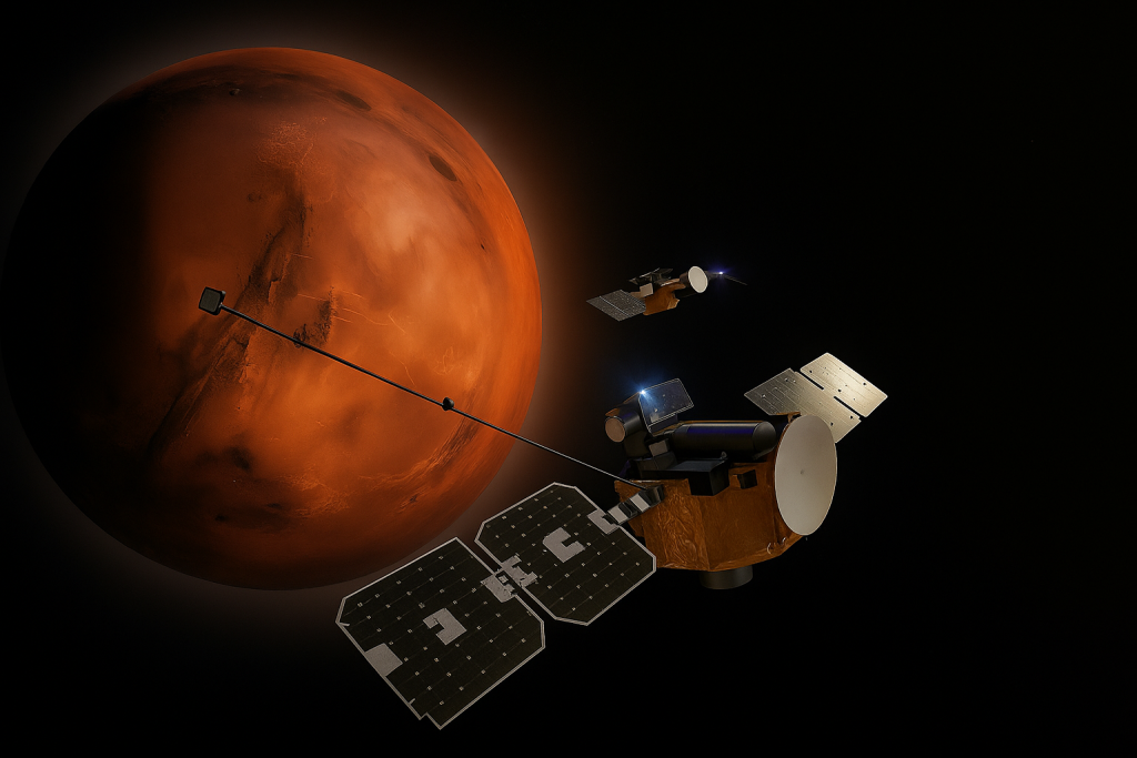 Illustration réaliste montrant les deux sondes ESCAPADE de la NASA en orbite autour de Mars pour étudier son champ magnétique et l’interaction avec le vent solaire.