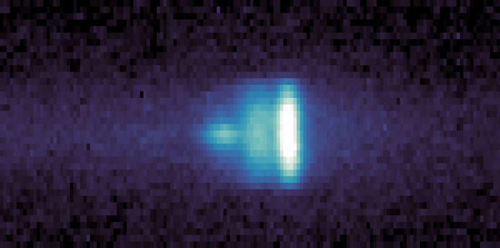 Vue ultraviolet de la comète interstellaire 3I/ATLAS capturée par MAVEN, montrant son émission d’hydrogène et sa structure gazeuse.