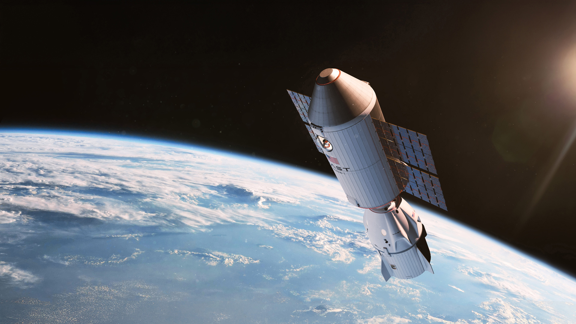 Illustration artistique de la station spatiale commerciale Haven-1 de Vast en orbite autour de la Terre avec un vaisseau Crew Dragon amarré.