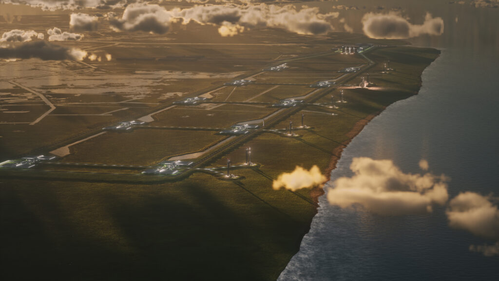 Vue conceptuelle du futur complexe Starbase Louisiana de SpaceX