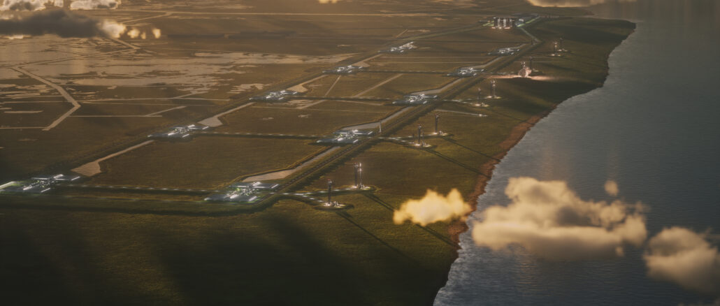 Vue conceptuelle du futur complexe Starbase Louisiana de SpaceX
