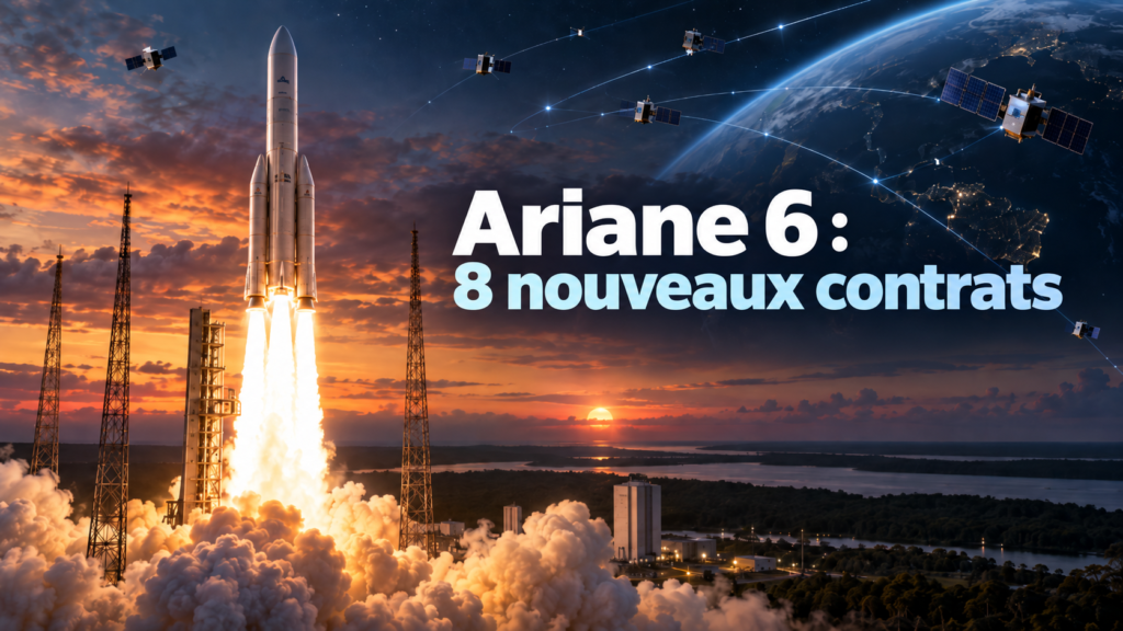 Ariane 6 au décollage avec le texte « 8 nouveaux contrats »