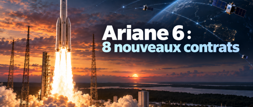 Ariane 6 au décollage avec le texte « 8 nouveaux contrats »