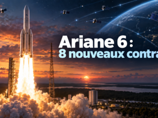 Ariane 6 au décollage avec le texte « 8 nouveaux contrats »