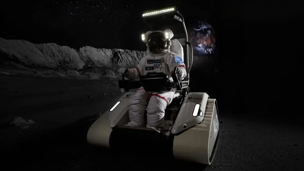 ALTA LUNA, véhicule lunaire de Venturi Space avec un astronaute sur la Lune