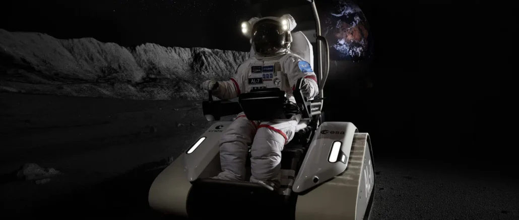 ALTA LUNA, véhicule lunaire de Venturi Space avec un astronaute sur la Lune